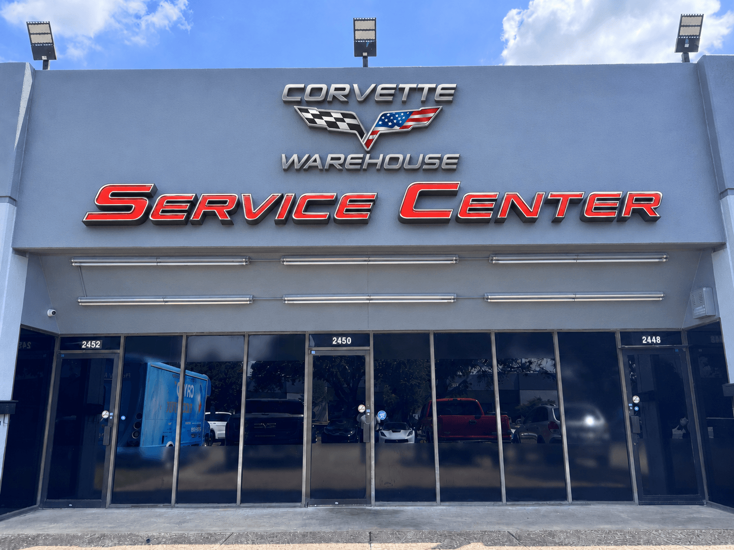 Exterior of the Corvette Warehouse Service Center building in Dallas